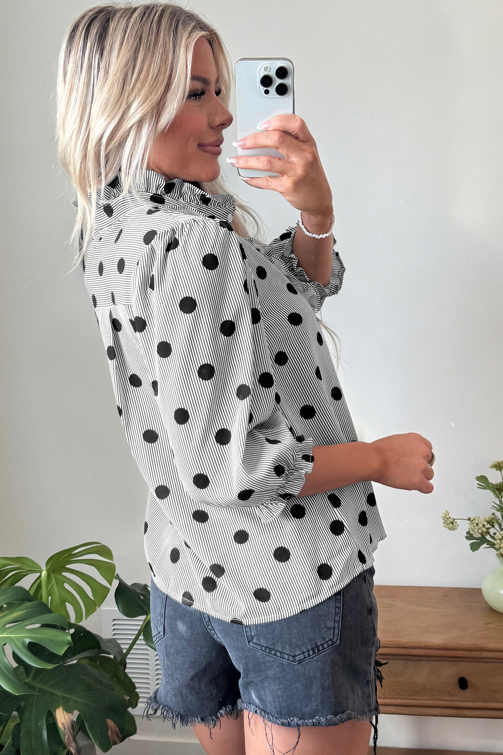 Polka Dot Striped Print Ruffle Stand Up Neck 3/4 Sleeve Shift Shirt