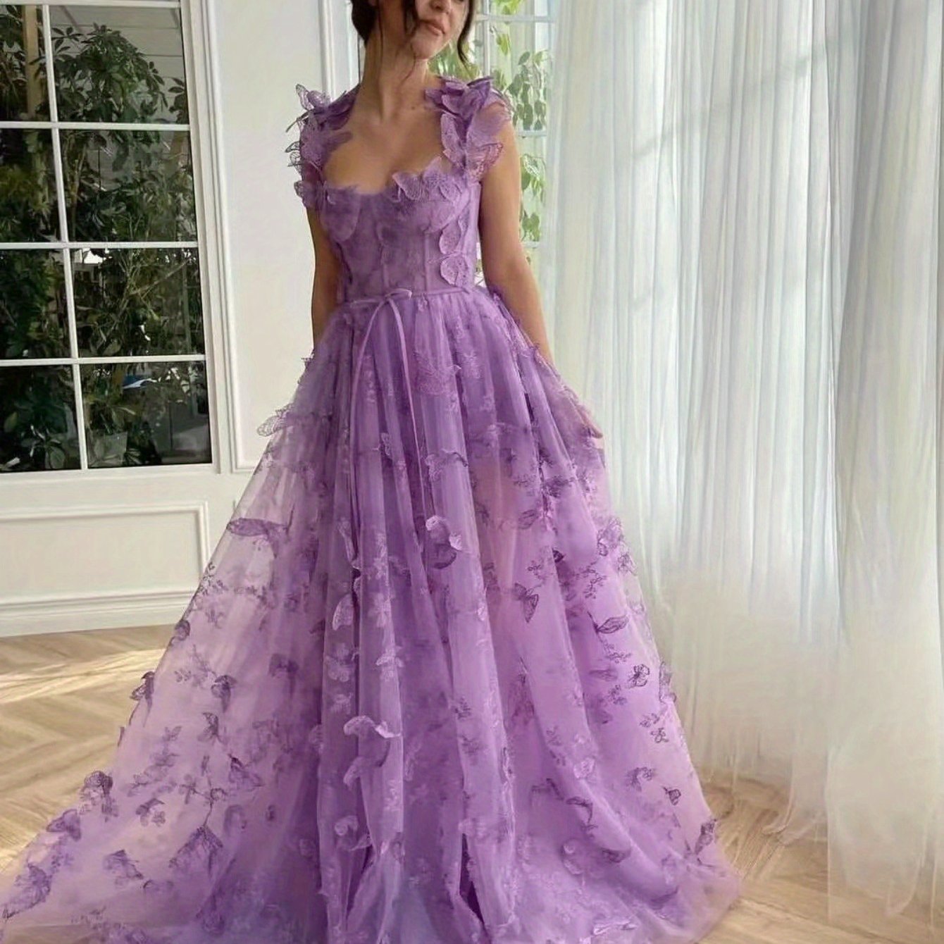 Elegant Long Sheer Flowy Floral & Butterfly Lace Gown