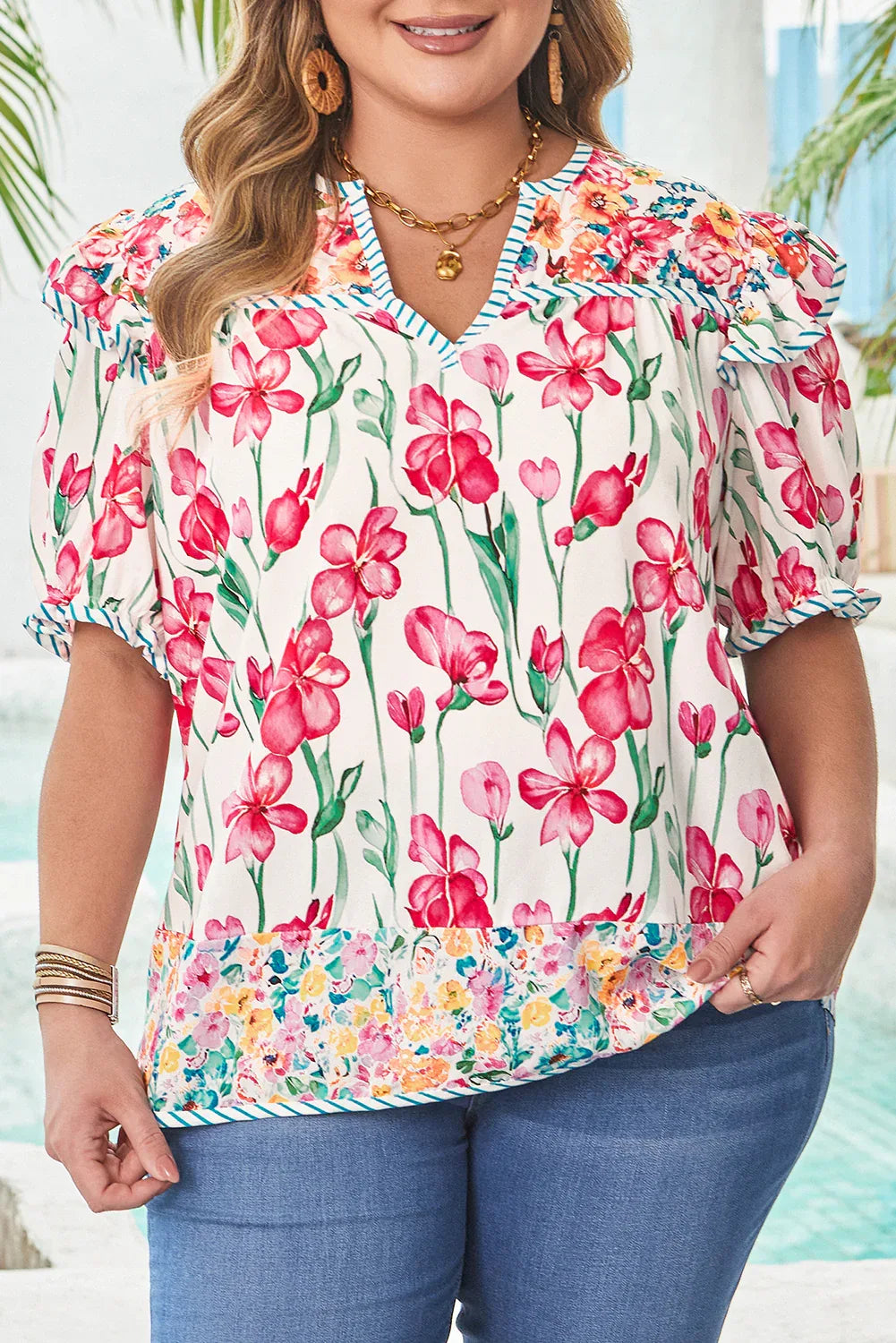 Pink Plus Size Floral Print Striped Trim V Neck Blouse Dear-Lover Dropshipping Plus Size/Plus Size Tops/Plus Size Blouses & Shirts