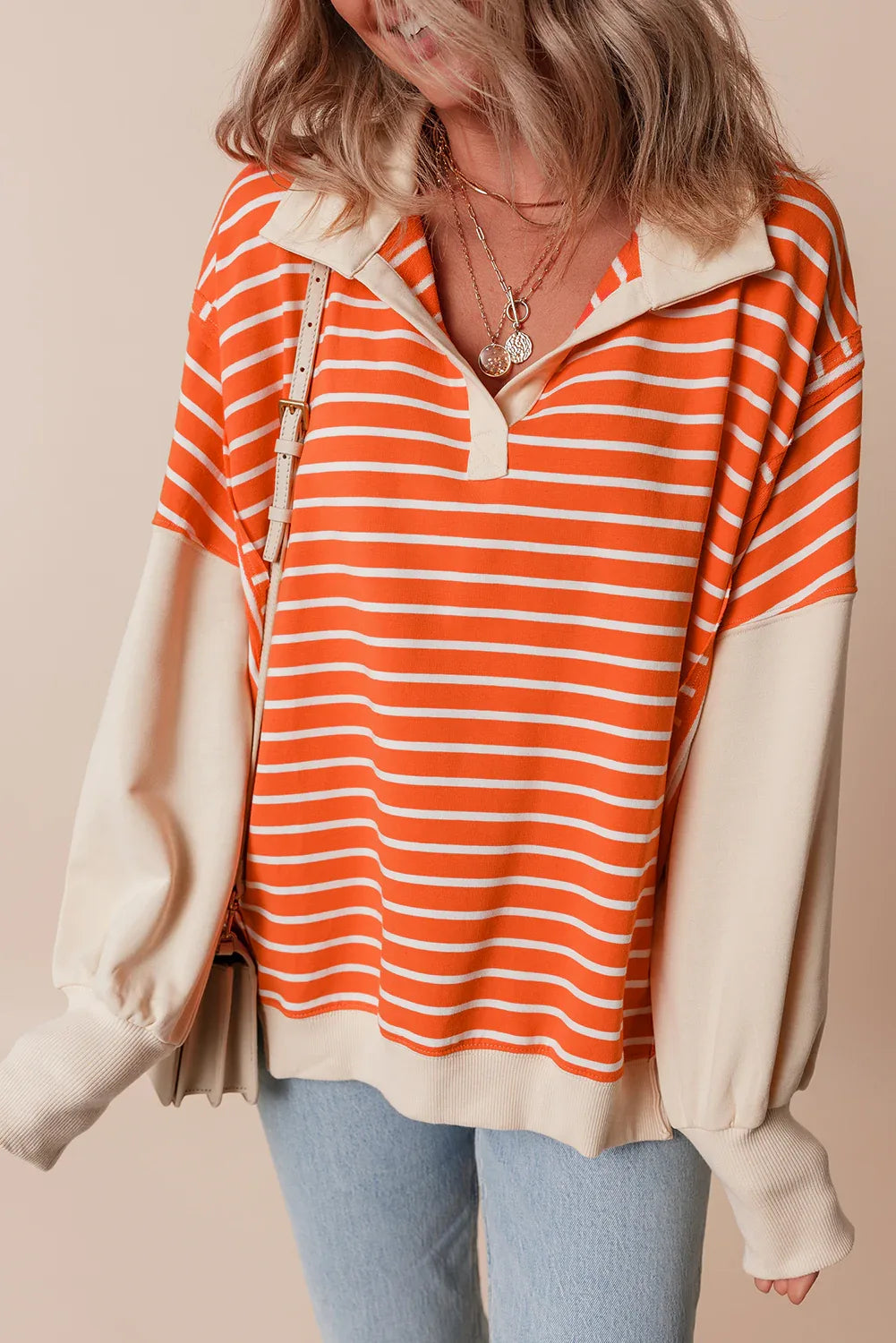 Orange Stripe Color Block Loose Fit Collared Drop Shoulder Sweatshirt Bazaare Mart Tops/Sweatshirts & Hoodies