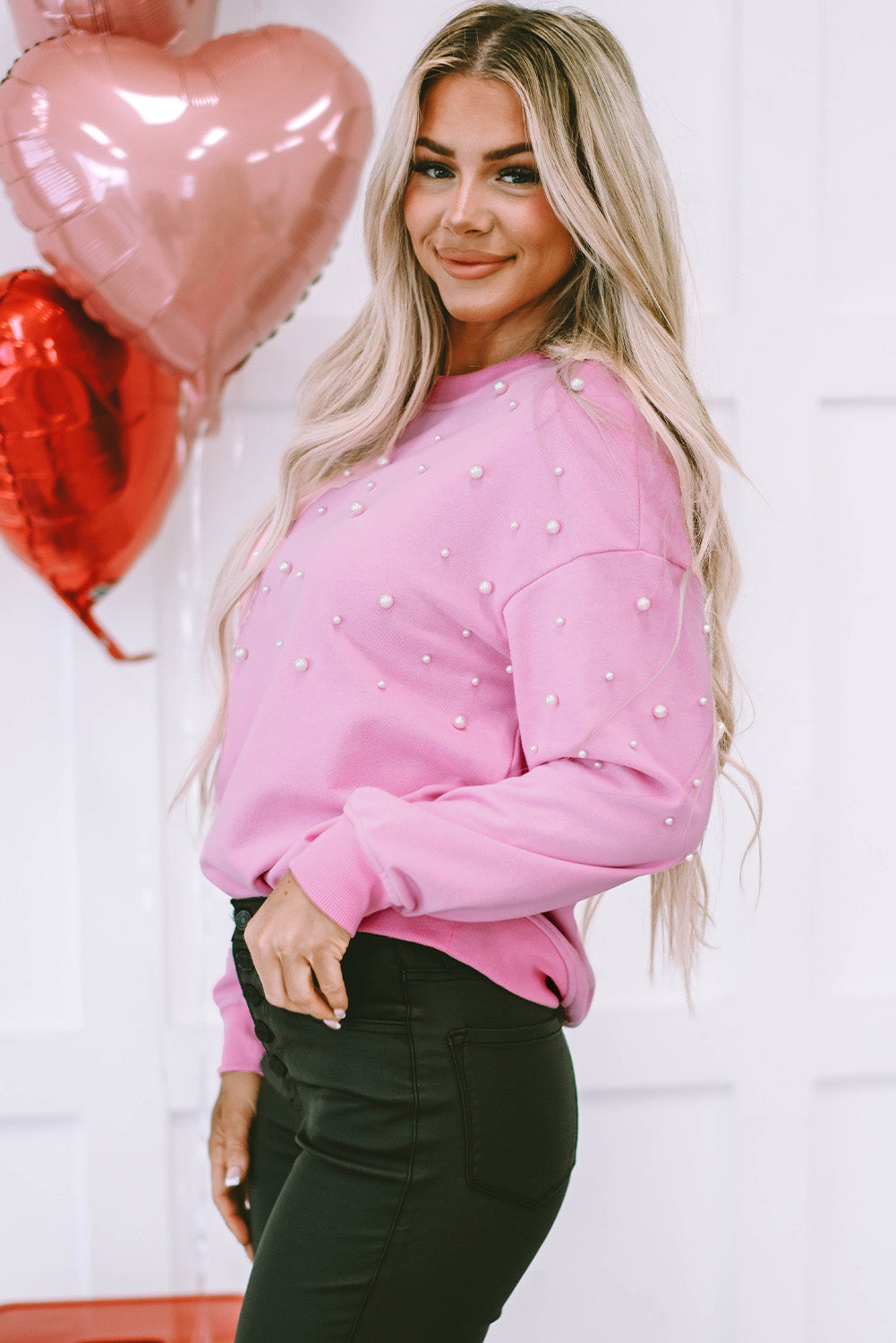 Pink Bonbon Pearl Detail Ribbed Crew Neck Sweatshirt