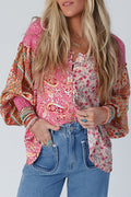 Pink Mixed Floral Patchwork Long Lantern Sleeve V-Neck Blouse Pink 100%Viscose Shewin Blouses