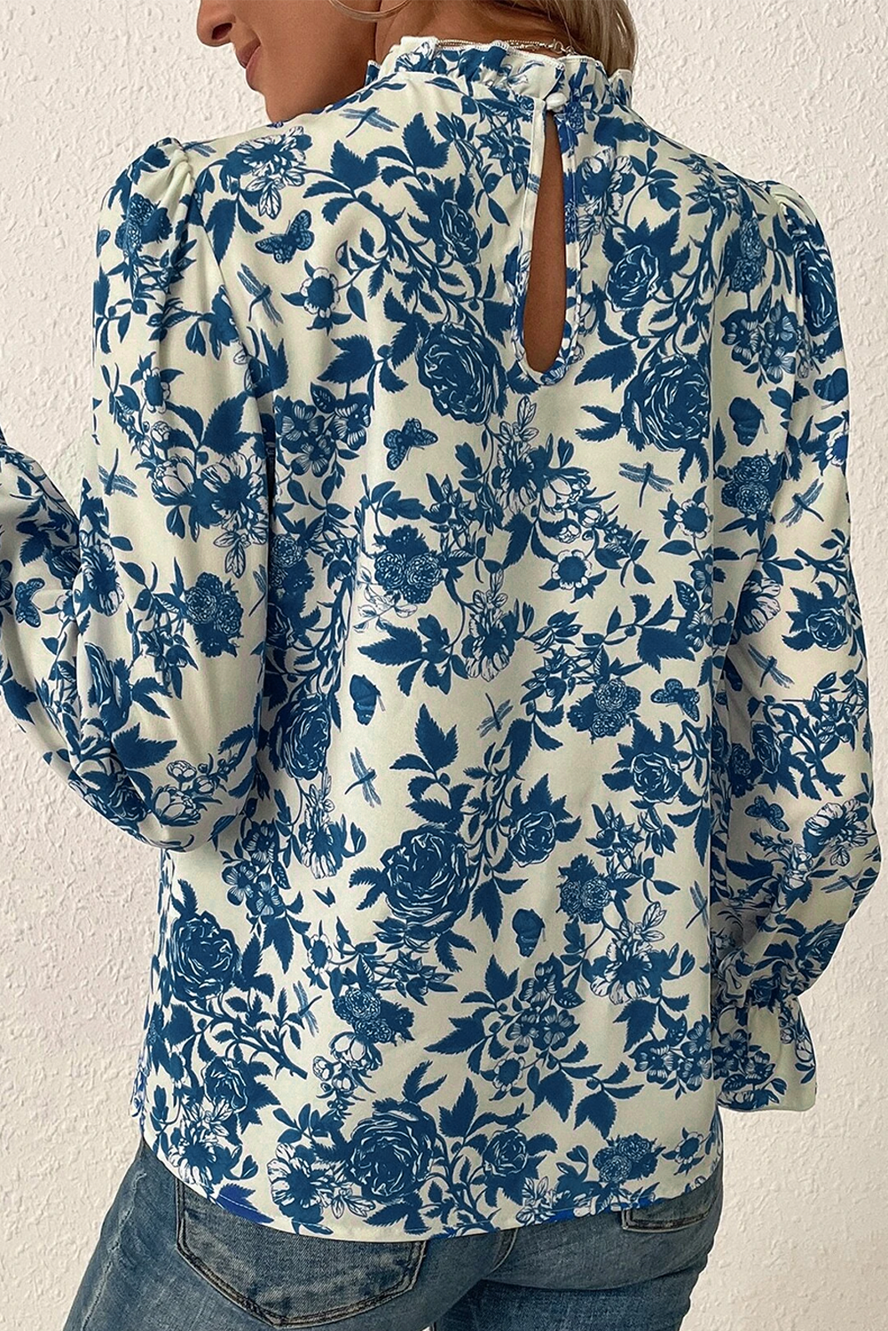 Retro Blue Floral Long Puff Sleeve Keyhole Back Blouse