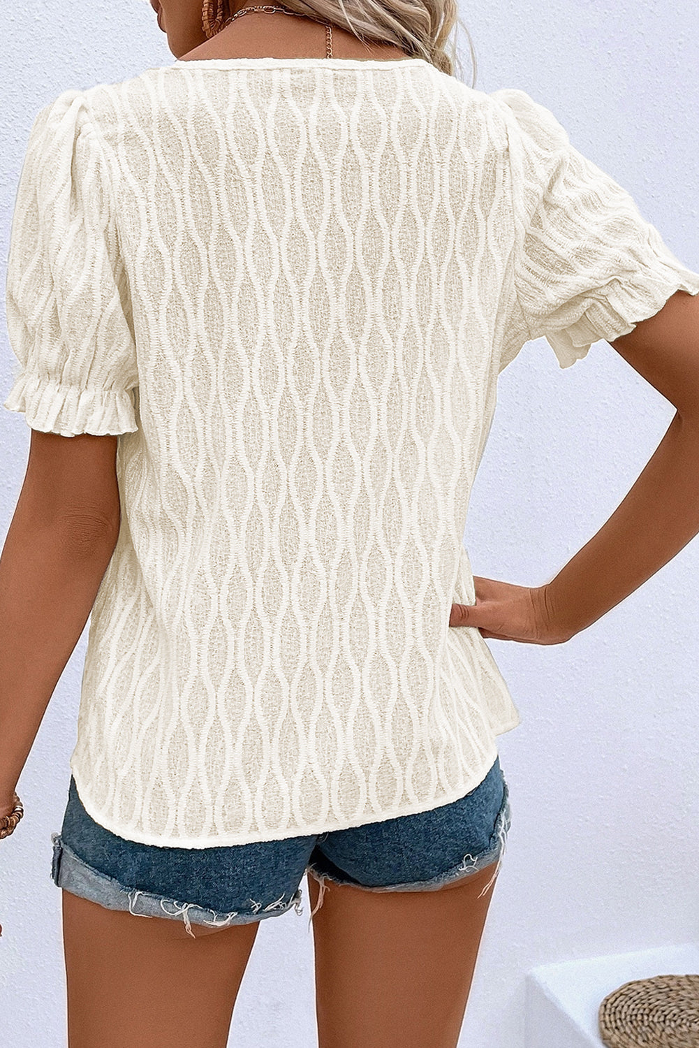Solid Color Textured Notched Neck Puff Sleeve Blouse Bazaare Mart Tops/Blouses & Shirts