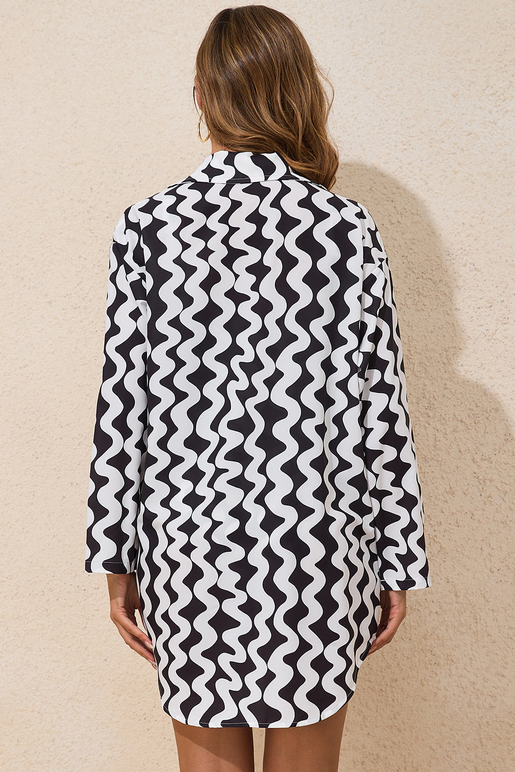 B&W ZigZag Print Loose Fit Open Front Beach Cover Up