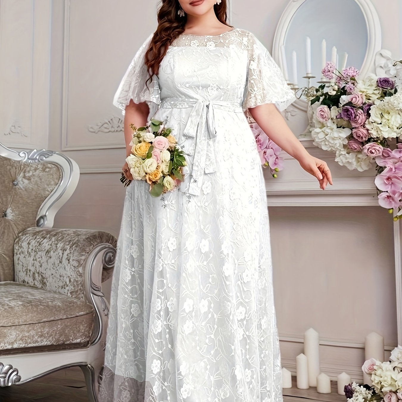 Elegant High Waist Lace Round Neck Half Flutter Sleeve Solid Color Formal Floor Length Dress