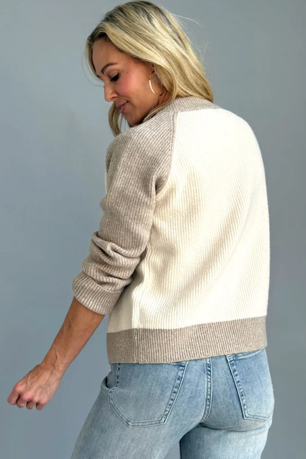 White Colorblock Button Front Cardigan Shewin Cardigans