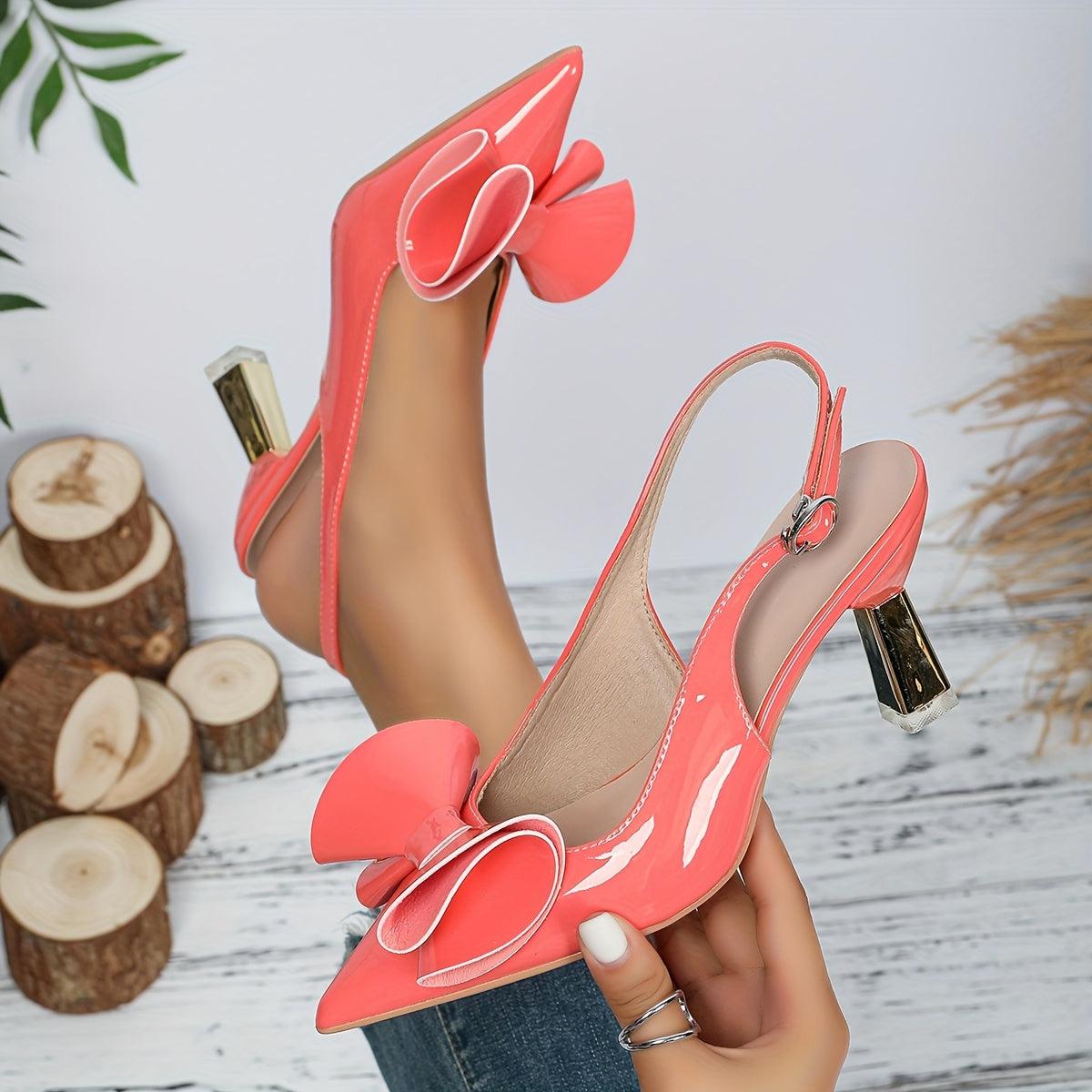 Pointed Toe Trumpet Flower Mid Heel Sling Shoes