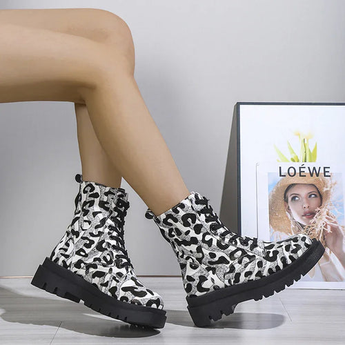Black & White Leopard Print Platform Boots Bazaare Mart Leopard Martin Boots