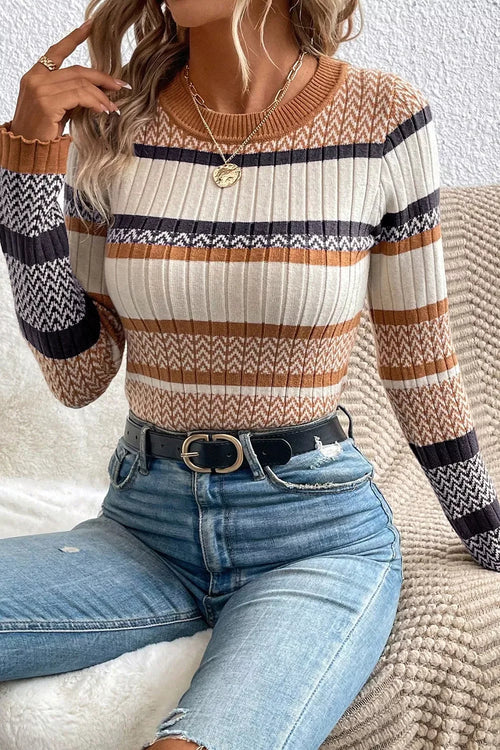 Chevron Stripe Ribbed Slim Sweater Stripe Bazarre Mart Stripe Stylish Pattern Knitted Ribbed Trim Slim Top