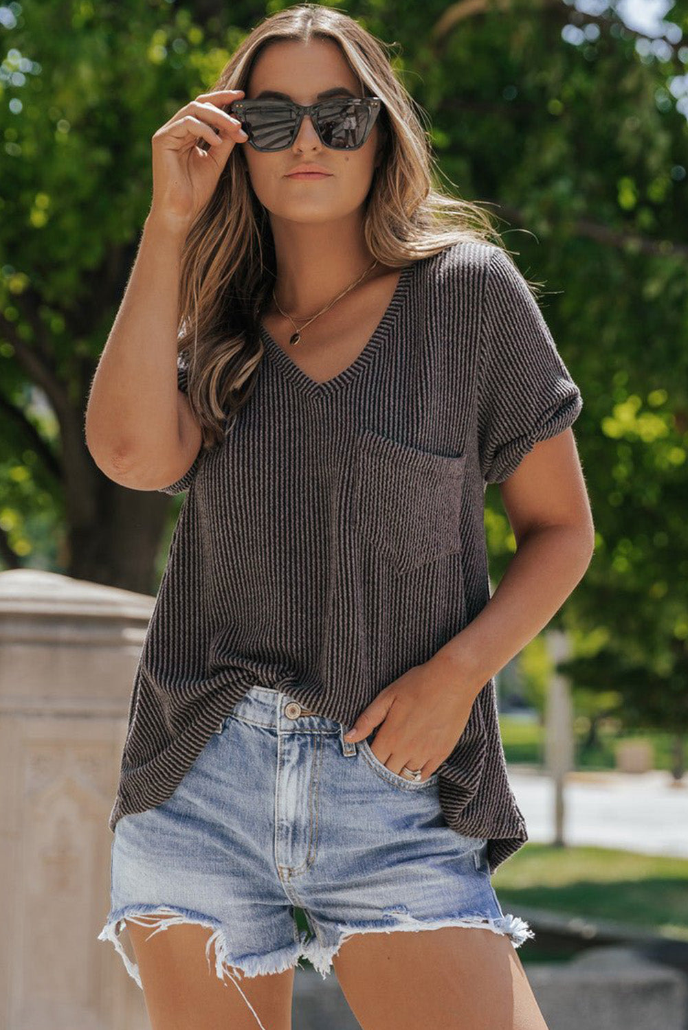 Carbon Grey Short Sleeve Corded V Neck Top