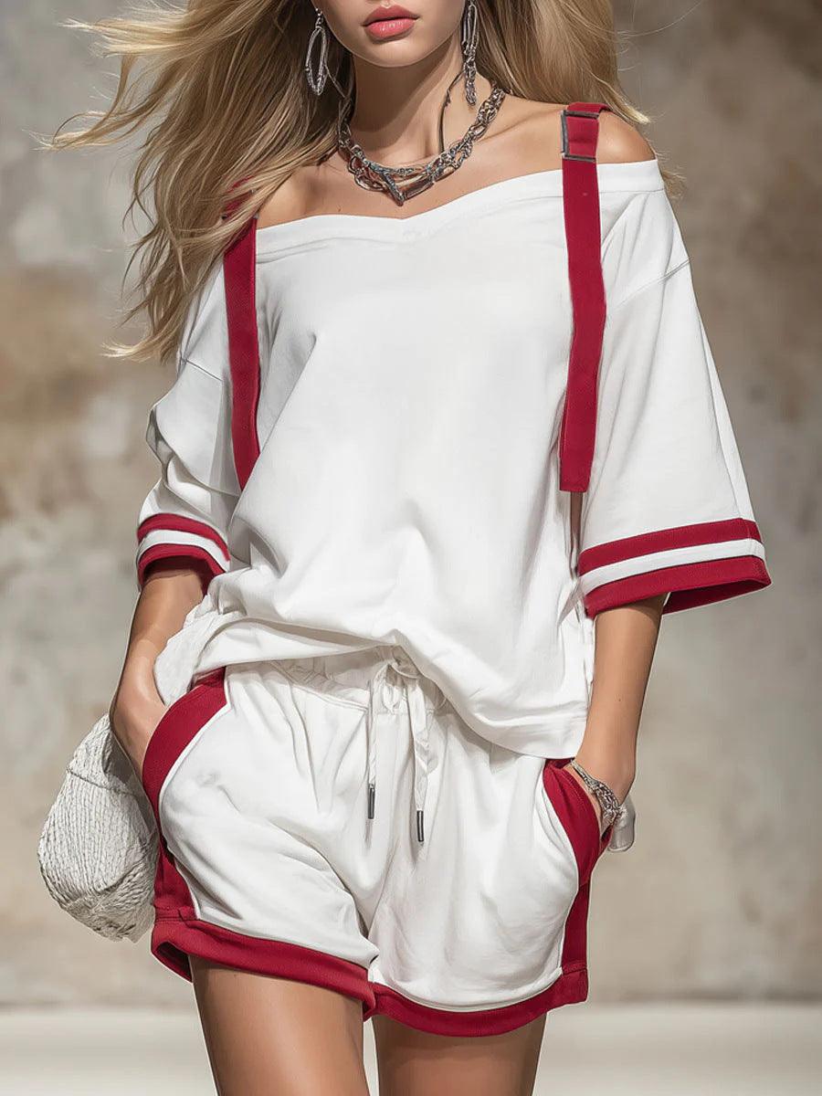 Women’s Summer Red Striped Shorts Set (Off-Shoulder) White CJ Dropshipping Color Block Shorts Set