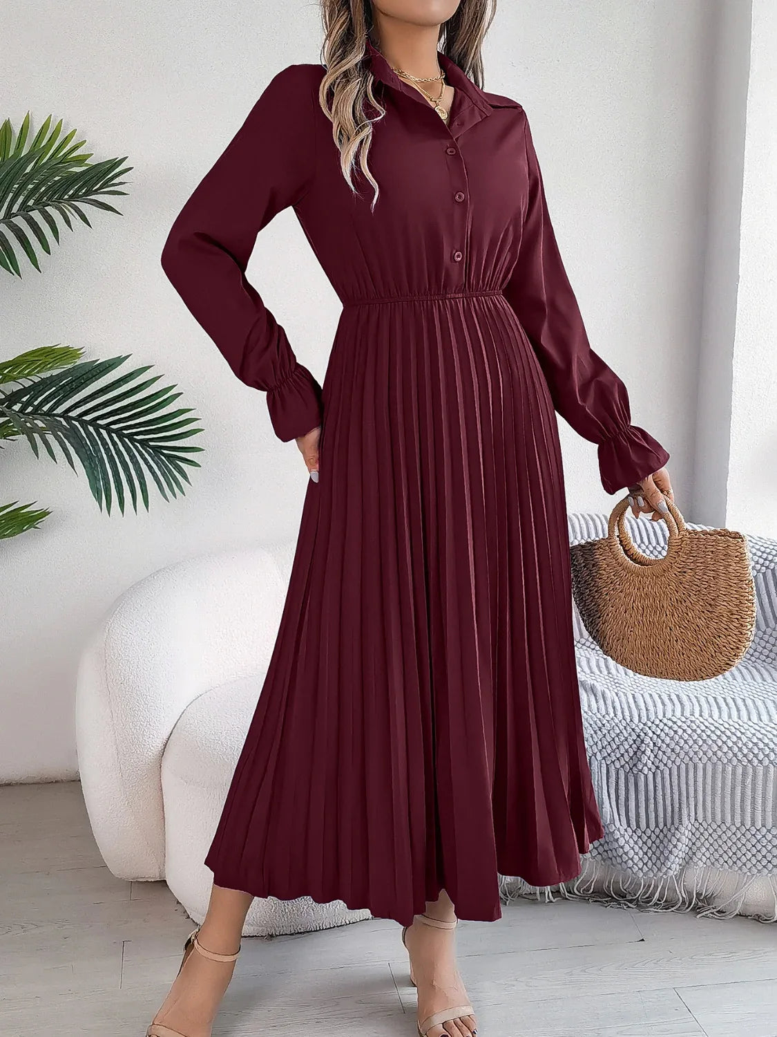 Pleated Half Button Long Sleeve Midi Dress Bazaare Mart Pleated Half Button Long Sleeve Midi Dress