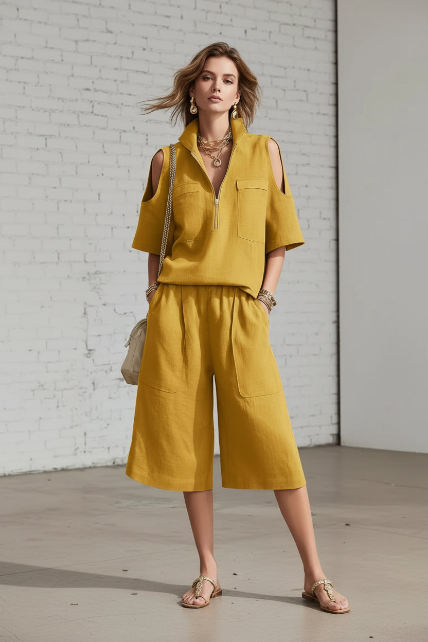 Women’s Cold Shoulder Half-Zip Top & Loose Gaucho Pants Set – Casual 2-Piece Outfit Plus Size CJ Dropshipping 2pc Cold Shoulder Camp Shirt and Gaucho