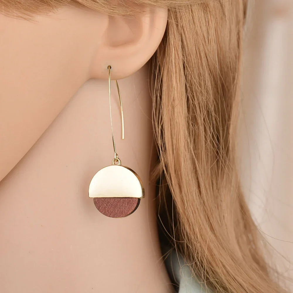 Two-Tone Wood Grain Geo Hook Earrings Bazaare Mart Geo Wood Earrings