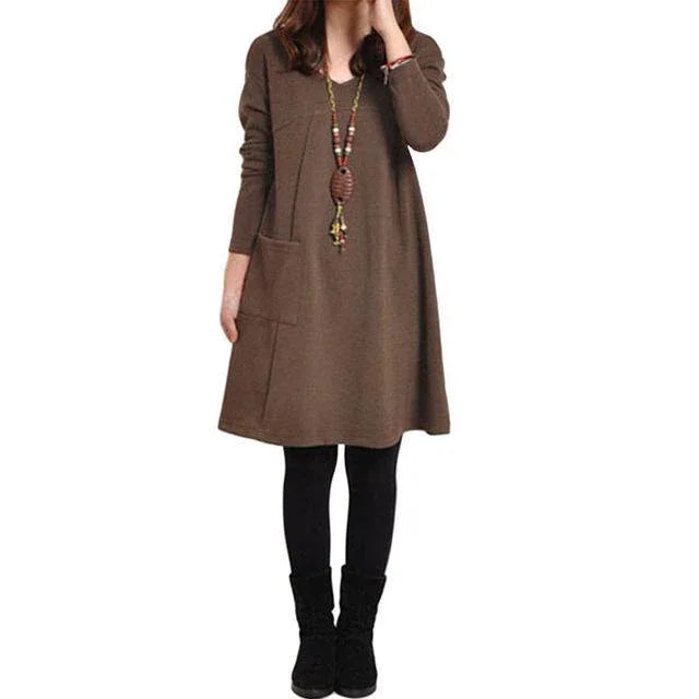 Women Plus Size Long Sleeve Solid Color Dress Coffee Bazaare Mart Long Sleeve A Frame Dress