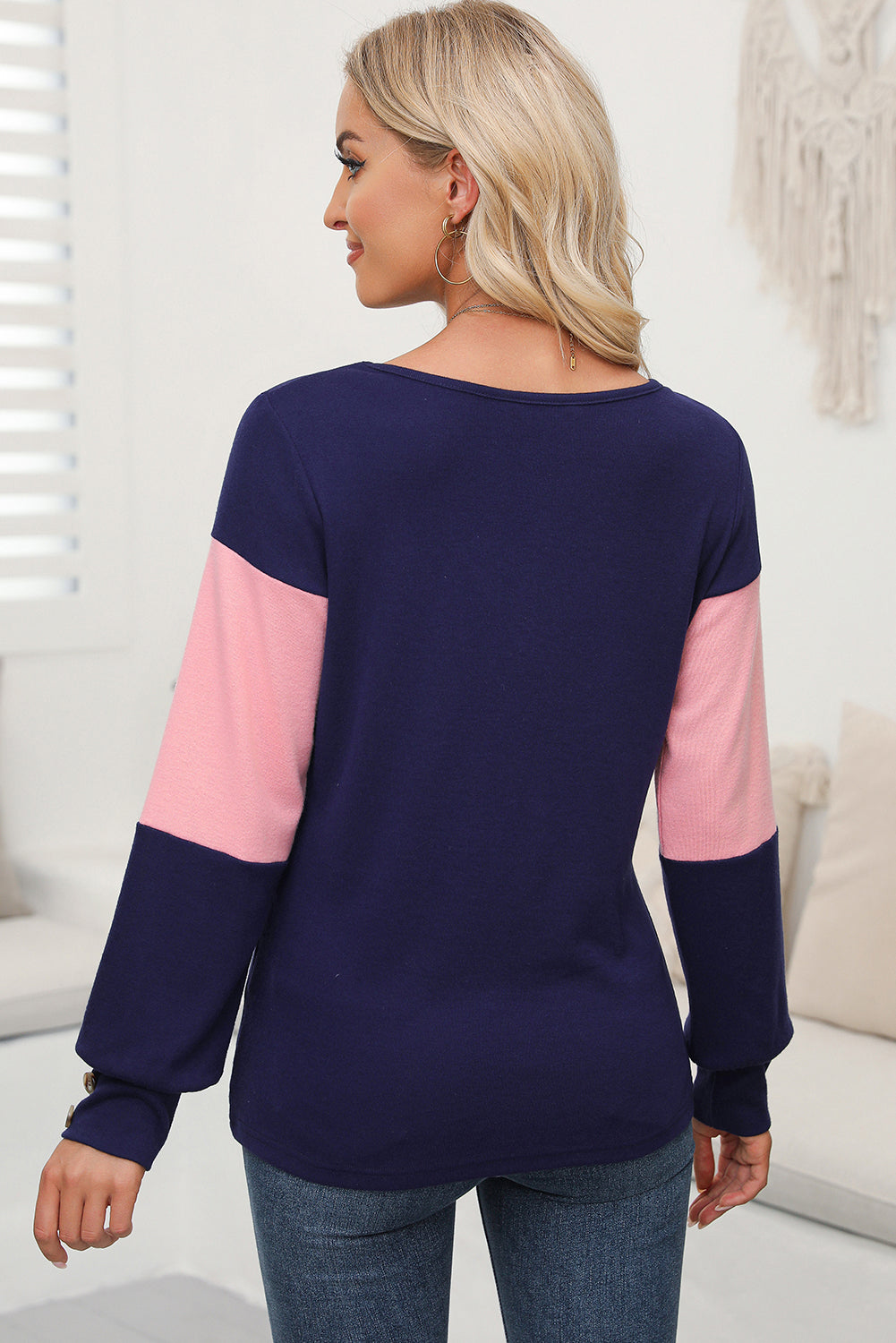 Navy & Pink Stripe Colorblock Long Sleeve V Neck Top