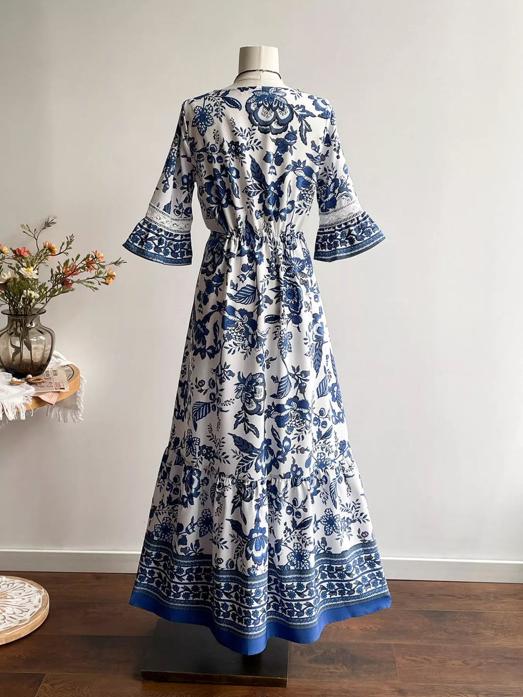 Blue Floral V-Neck Flounce Sleeve Dress Bazaare Mart Floral Print V-Neck Flounce Sleeve Dress