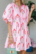 Pink Floral Striped Print Tie Notched Neck Puff Sleeve Flared Mini Dress Pink 100%Polyester Dear-Lover Dropshipping Dresses/Floral Dresses
