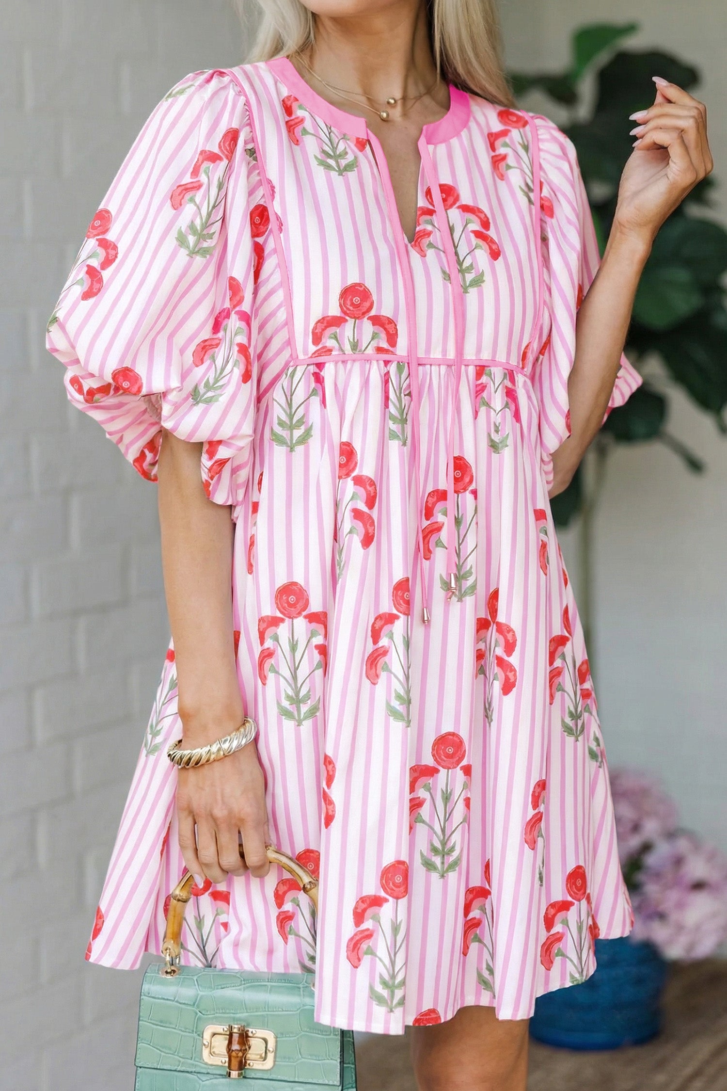 Pink Floral Striped Print Tie Notched Neck Puff Sleeve Flared Mini Dress Pink 100%Polyester Dear-Lover Dropshipping Dresses/Floral Dresses