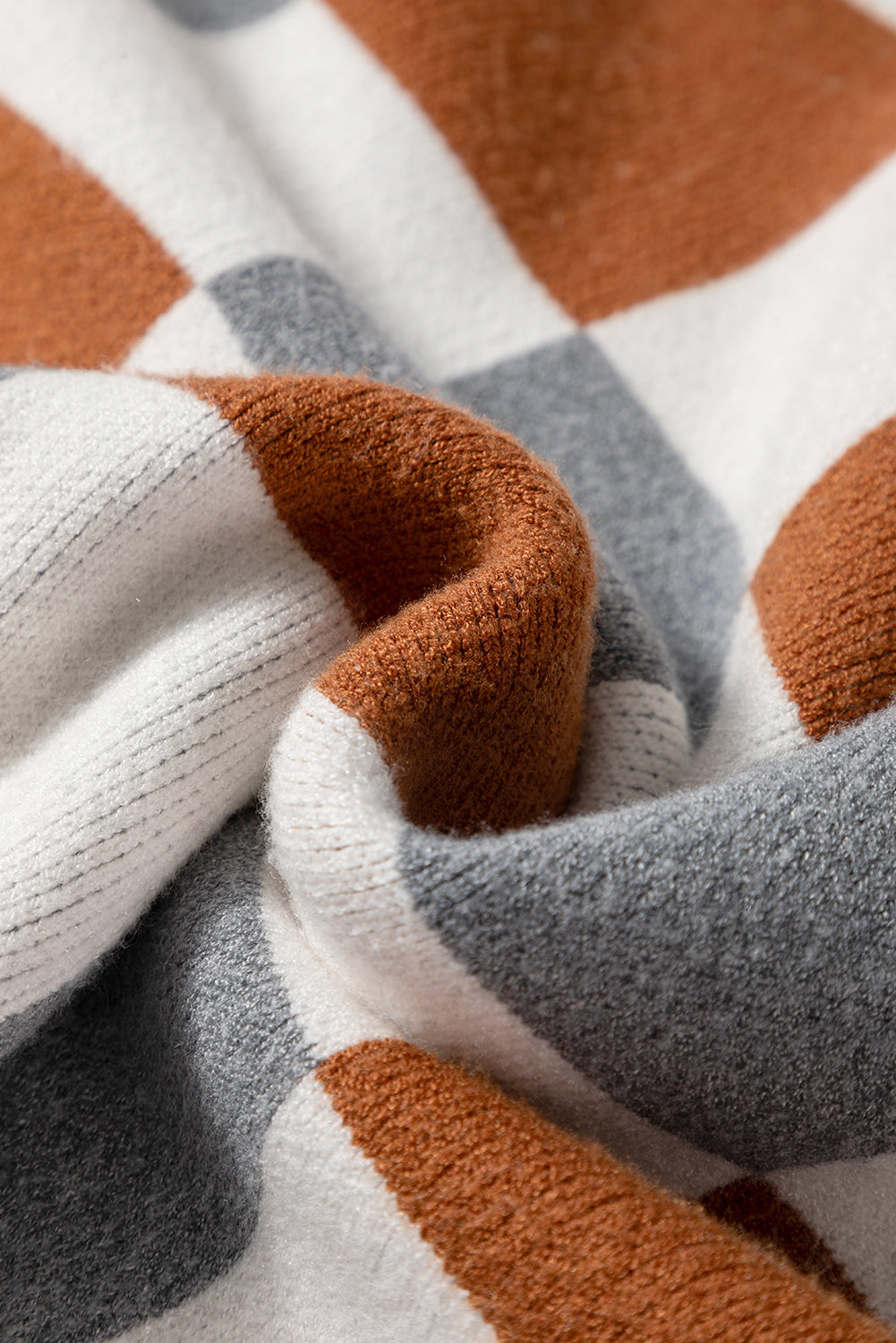 Brown Plus Size Checkered Crewneck Sweater Bazaare Mart Plus Size/Plus Size Sweaters & Cardigans