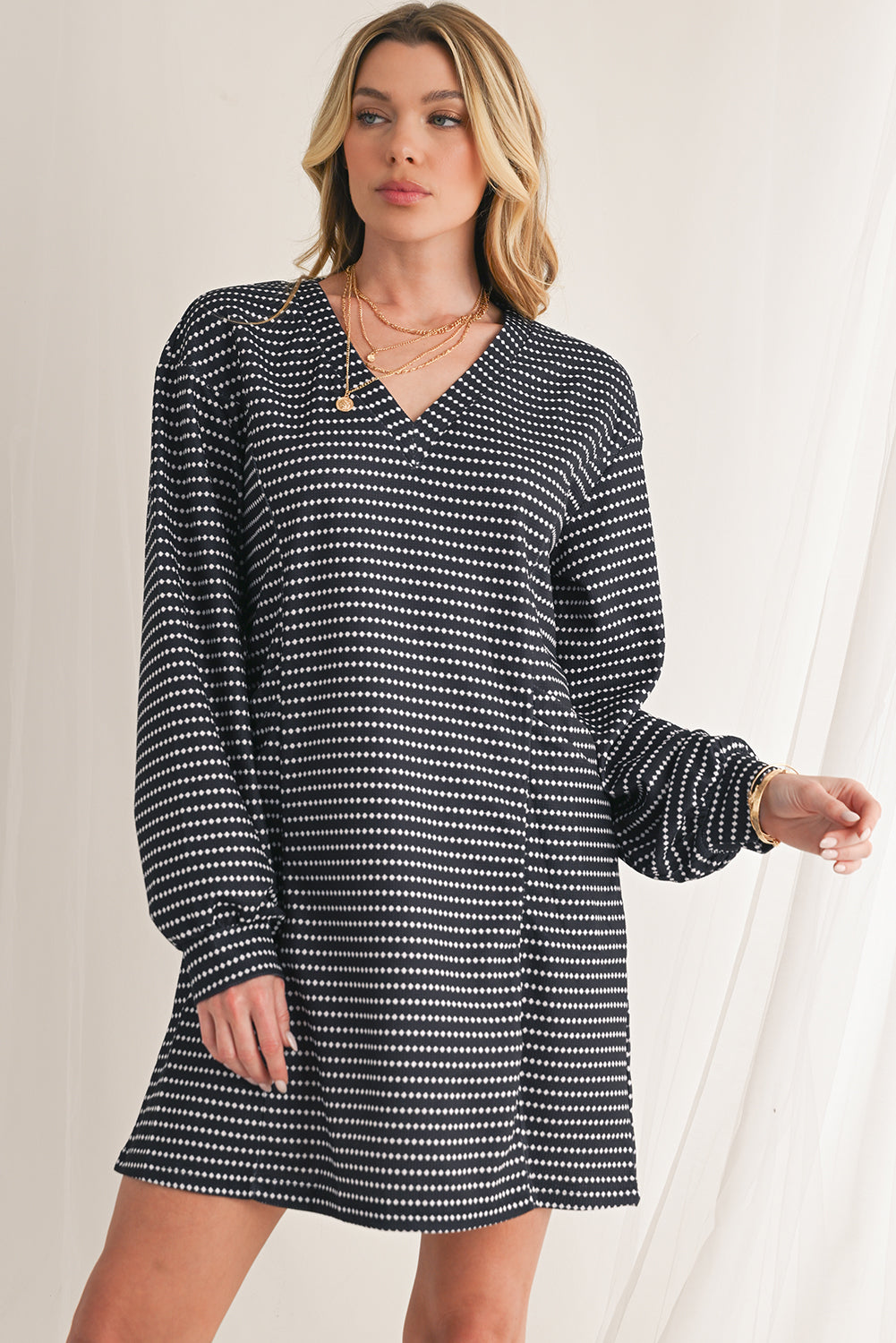 B&W Striped V-Neck Long Sleeve Dress