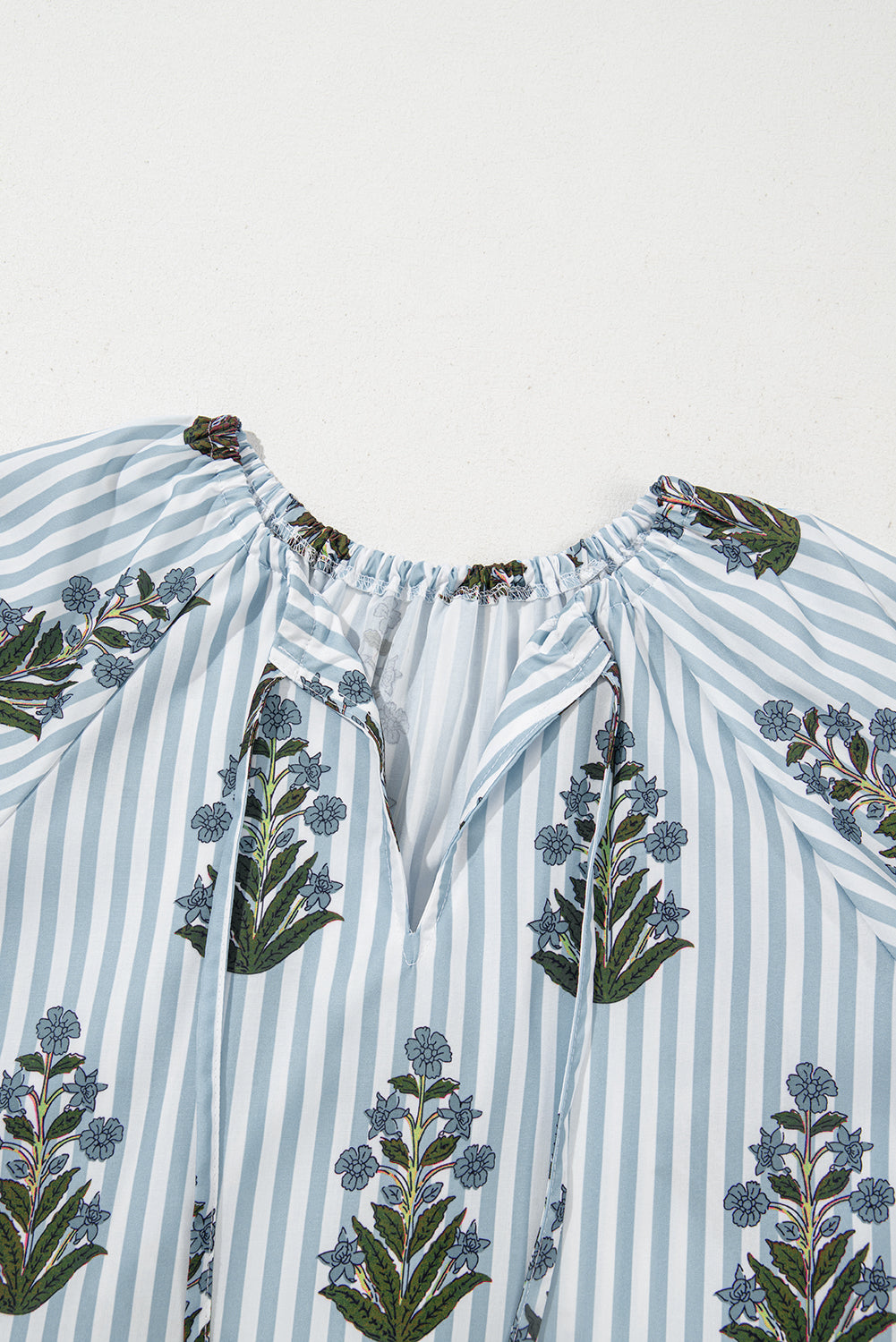 Blue Striped Floral Long Sleeve V Neck Blouse