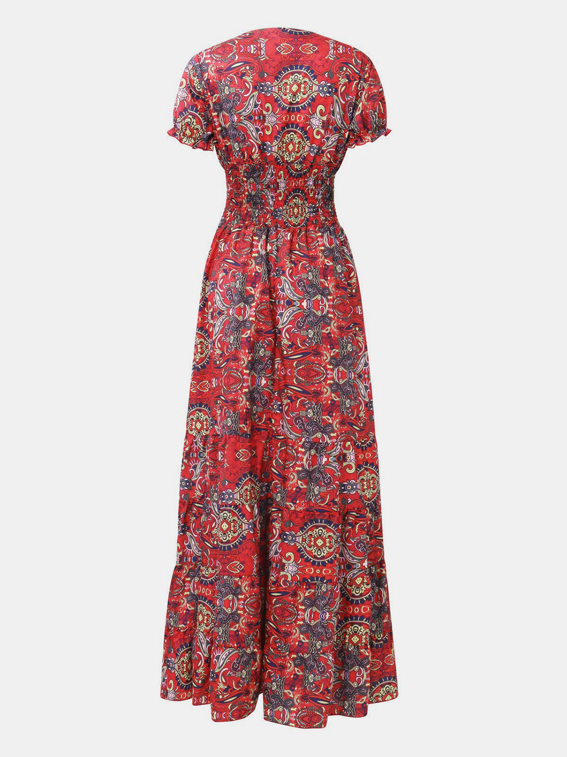 Floral Smocked Printed V-Neck Short Sleeve Maxi Dress