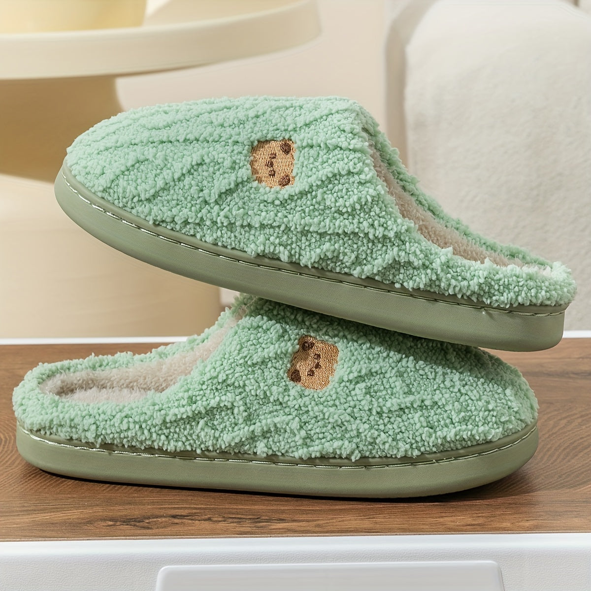 Cozy Textured Bear Print Slippers