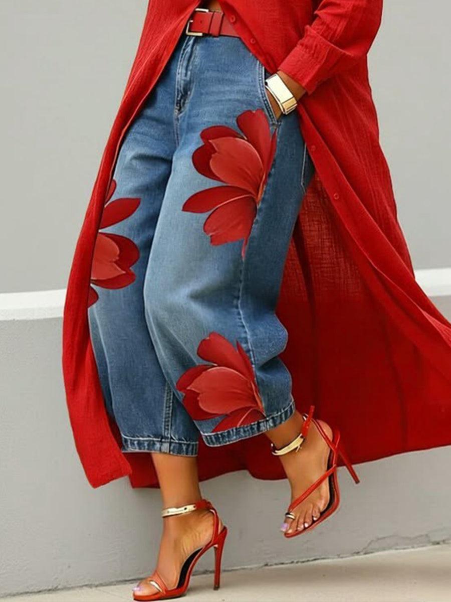 Women’s Loose Wide-Leg Printed Trousers – Comfortable Elegant Casual Pants Dark Blue CJ Dropshipping Wide Leg Painted Floral Jeans