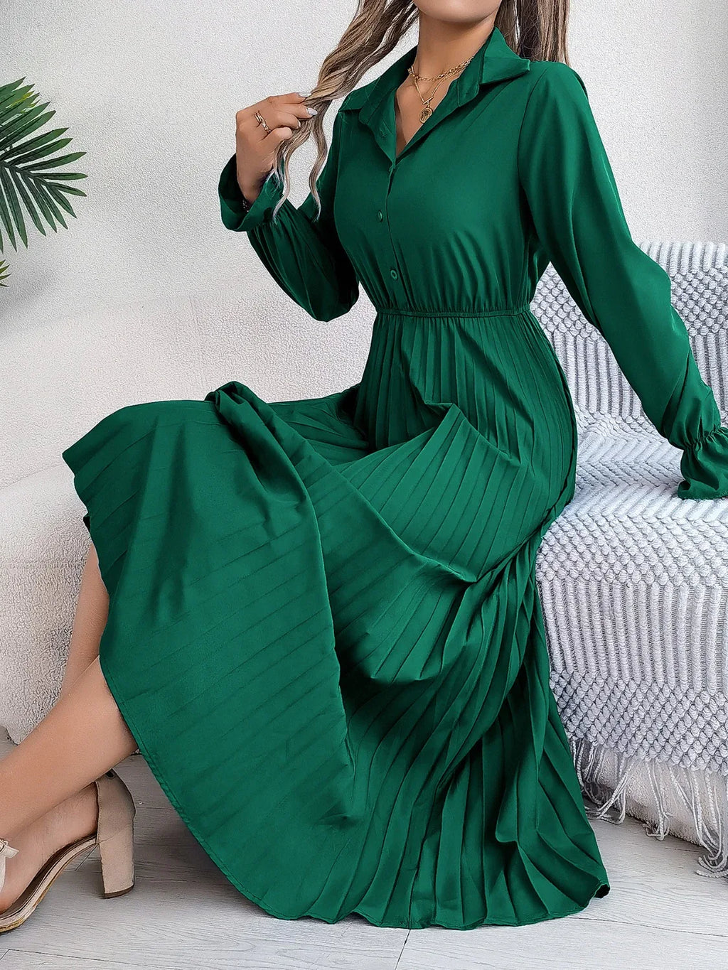 Pleated Half Button Long Sleeve Midi Dress Bazaare Mart Pleated Half Button Long Sleeve Midi Dress