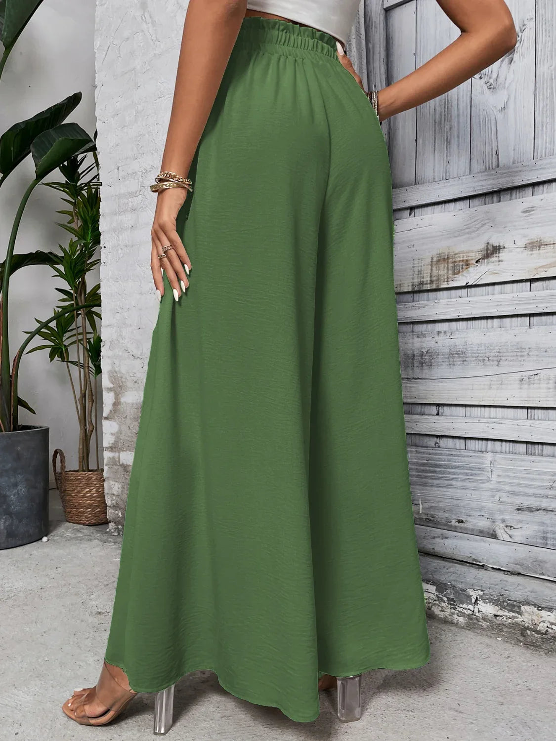 Tied High Waist Wide Leg Pants Matcha Green Bazaare Mart Extra Wide Leg Pants