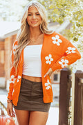Orange Floral Print Knitted Open Front Loose Cardigan Orange 55%Acrylic+45%Cotton Bazaare Mart Sweaters & Cardigans/Cardigans