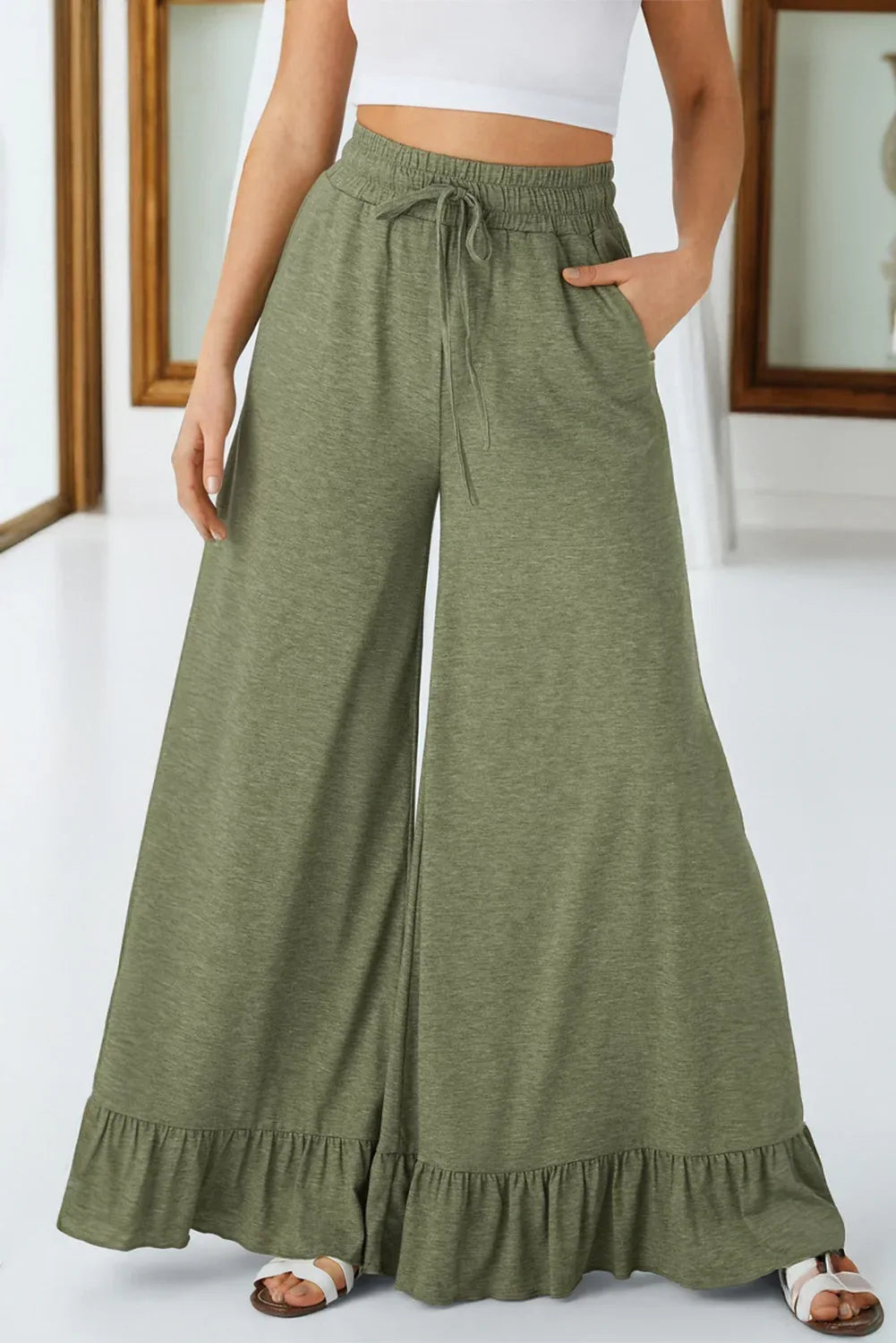 Sage Green Ruffled Wide Leg Pull On High Waist Pants with Pockets Sage Green 65%Polyester+30%Viscose+5%Elastane Bazaare Mart Bottoms/Pants & Culotte