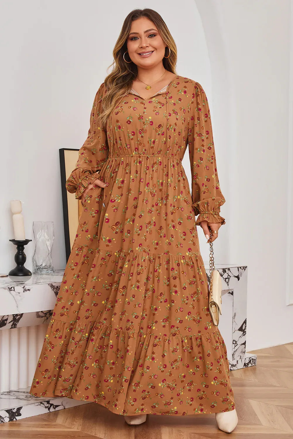 Brown Floral Ruffled Sleeve Tiered Maxi Dress Bazaare Mart Plus Size/Plus Size Dresses/Plus Size Maxi Dresses