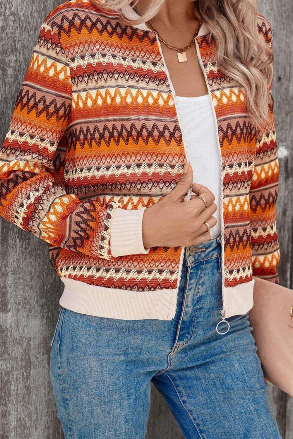 Orange Boho Striped Zip Up Jacket