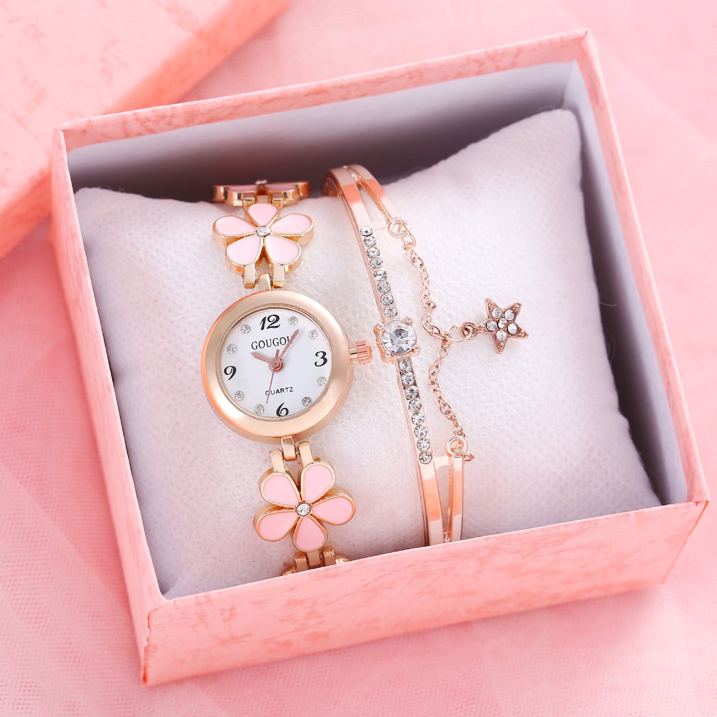 Ladies Flower Quartz Watch Bracelet Set