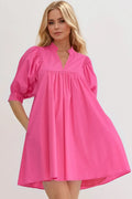 Oh Frill Notched Puff Sleeve Babydoll Mini Dress Hot Pink Bazarre Mart Pink Dress