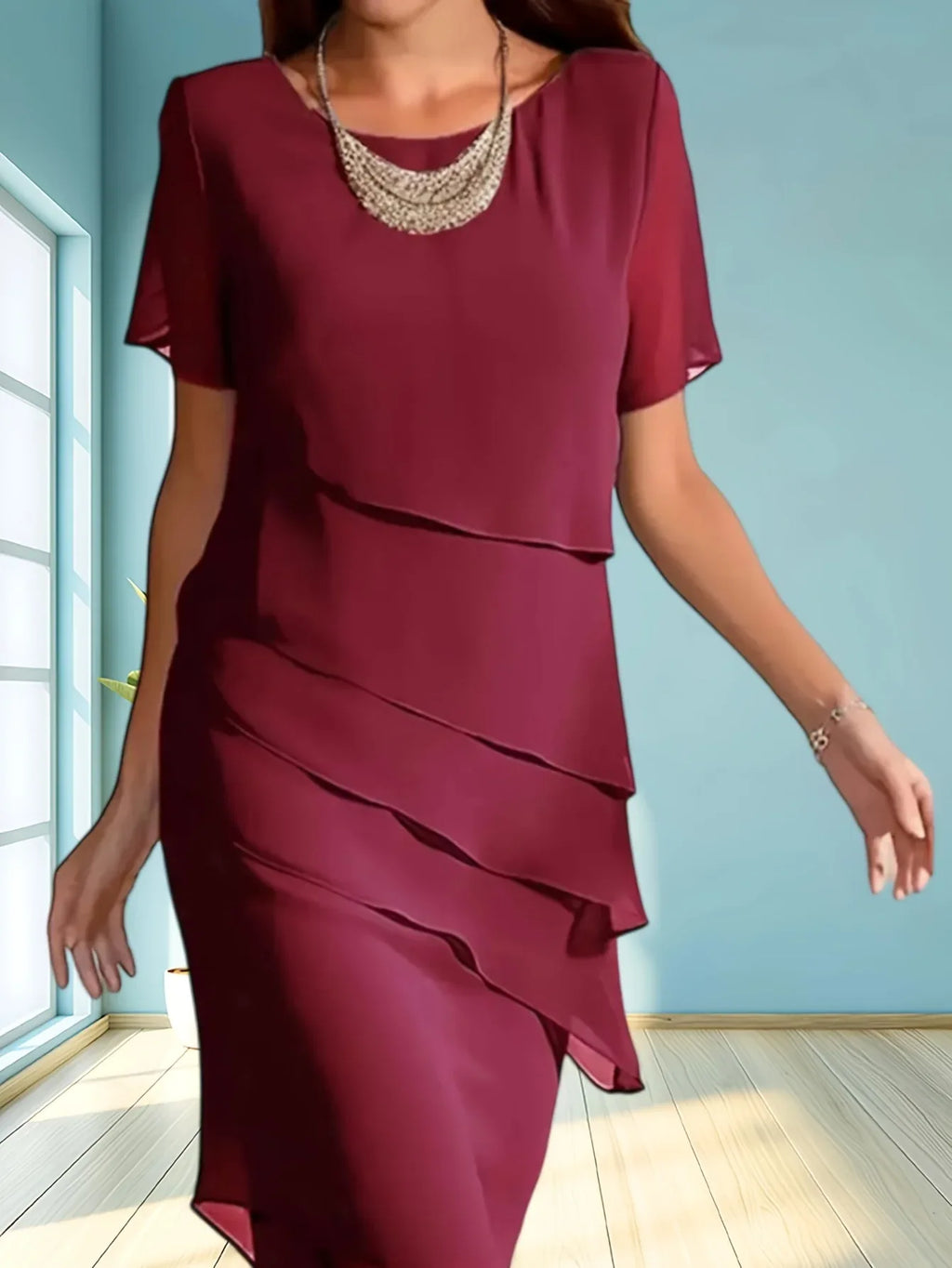 Round Neck Half Sleeve Layered Chiffon Dress Bazaare Mart Short Sleeve Dress