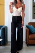 Black 2-Button High Waist Flared Bottom Jeans Black 65%Cotton+33%Polyester+2%Elastane Bazaare Mart Bottoms/Jeans