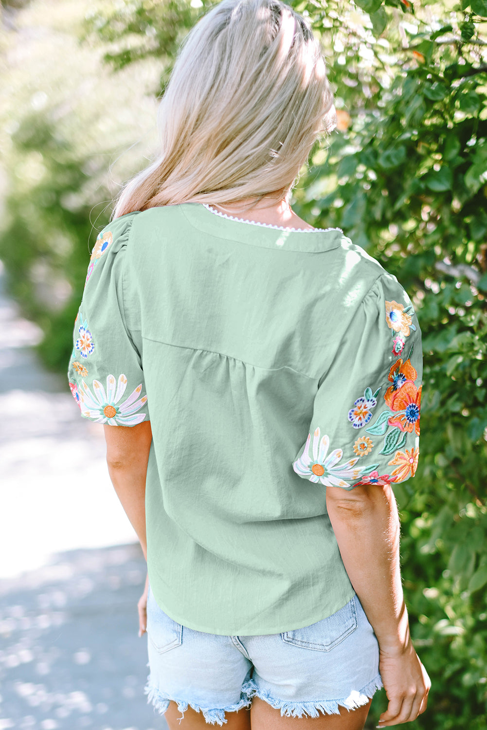 Green Floral Embroidered Puff Sleeve Split Neck Blouse