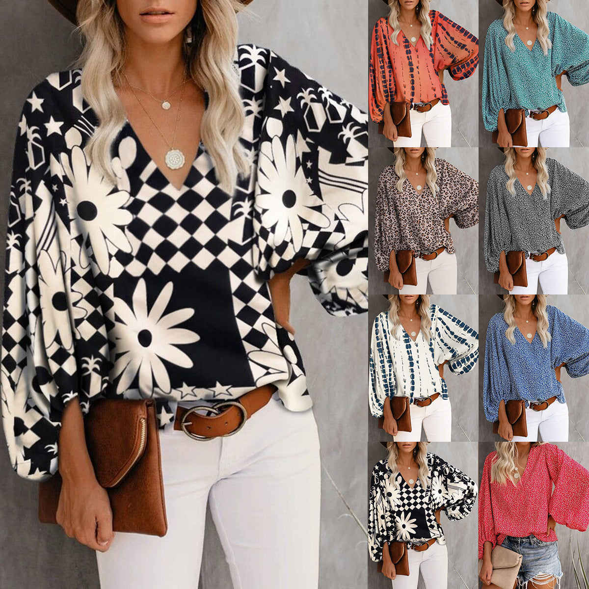 Various Floral V-Neck Balloon Sleeve Tops