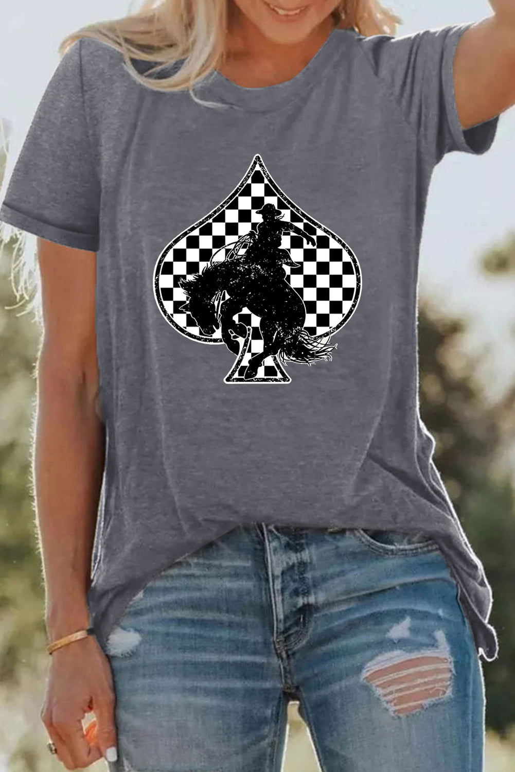 Gray Rodeo Check Spades Western Graphic T Shirt Dear-Lover Dropshipping Graphic/Graphic Tees