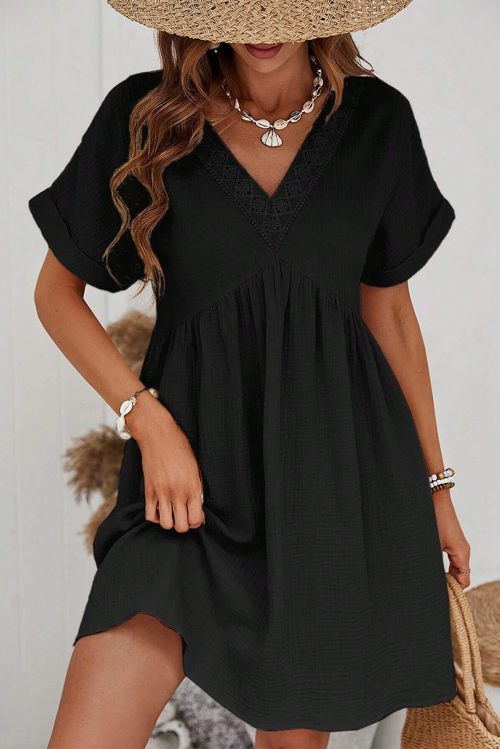 Black Short Sleeve V Neck Mini Dress