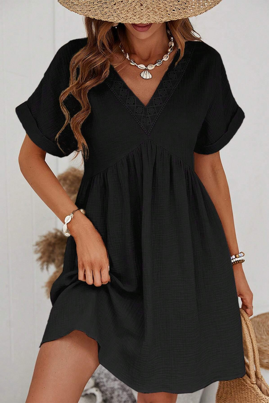 Black Short Sleeve V Neck Mini Dress