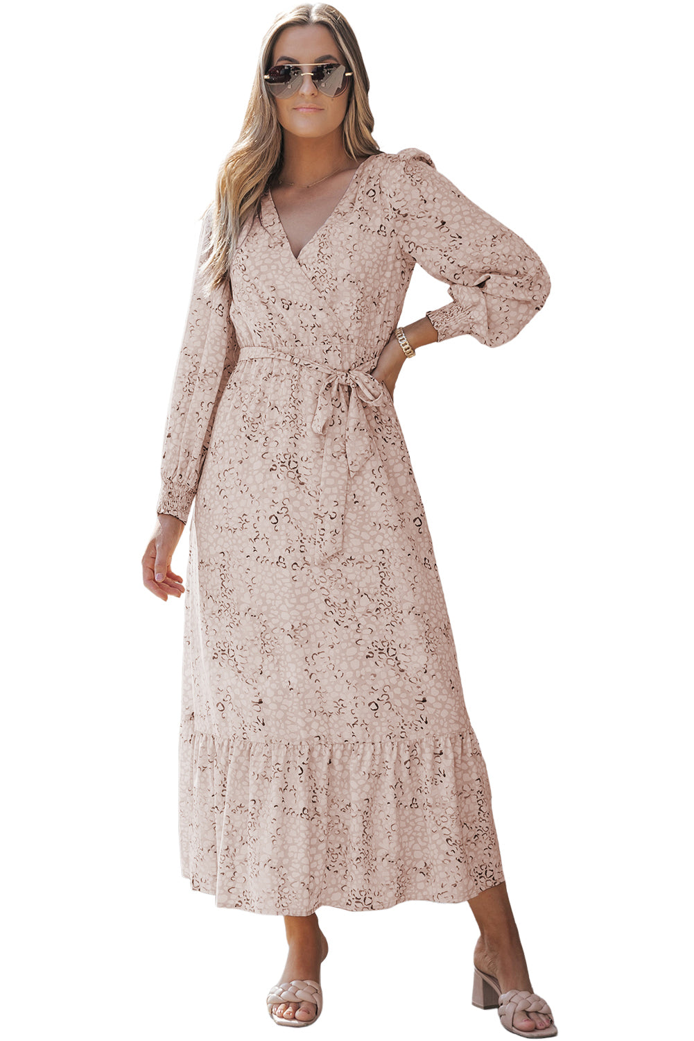 Leopard Long Sleeve Maxi Dress with Sash