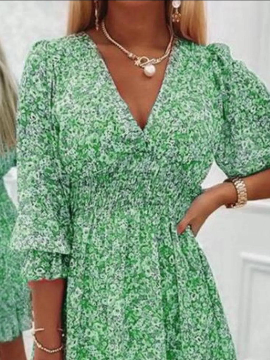V-Neck Ruffled Hem 3/4 Sleeve Floral Dress Bazaare Mart Ruffled Hem Floral Dress Plus Size
