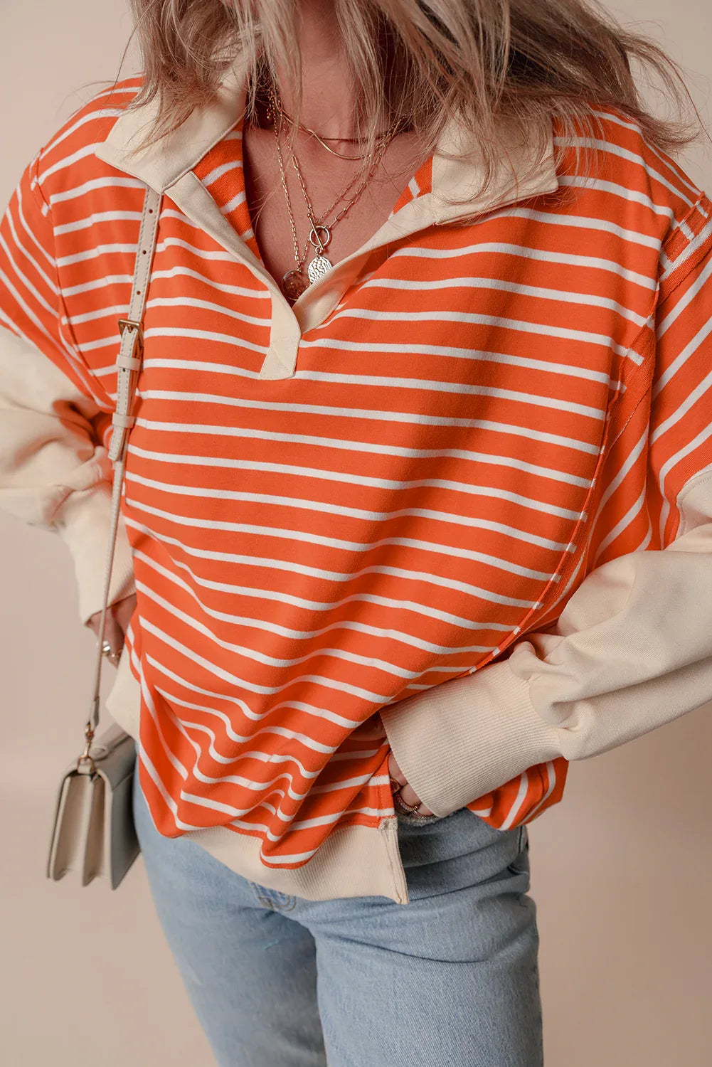 Orange Stripe Color Block Loose Fit Collared Drop Shoulder Sweatshirt Bazaare Mart Tops/Sweatshirts & Hoodies