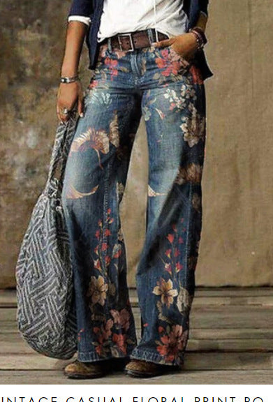 Women’s Floral Painted Straight Leg Denim Jeans – Dark Wash Low Waist Boot Cut Pants CJ Dropshipping Floral Boot Cut Jeans