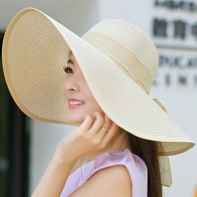 Large Floppy Folding Beige Beach Hat